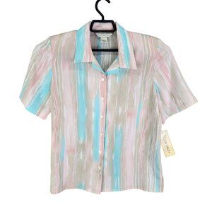 Womens Allison Daley Blouse Short Sleeve Button Up Multicolor Striped Pattern 10